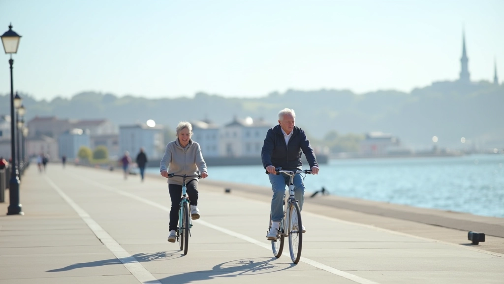 Cyclists riding along a scenic coastal promenade
