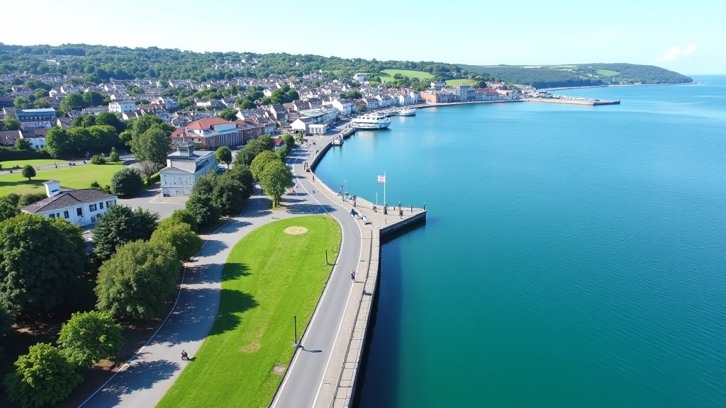 Overhead view of Cobh Promenade showing scenic cycling route alongside harbor with historic architecture