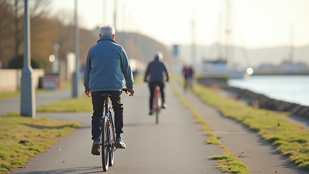 Scenic cycling route along Cobh waterfront with harbor views and retired cyclists enjoying peaceful ride