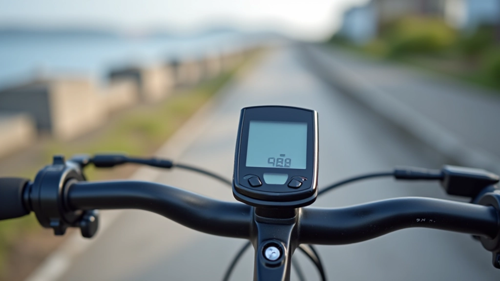 Speedometer gauge on bicycle computer showing moderate speed around 12-14 mph suitable for shared paths
