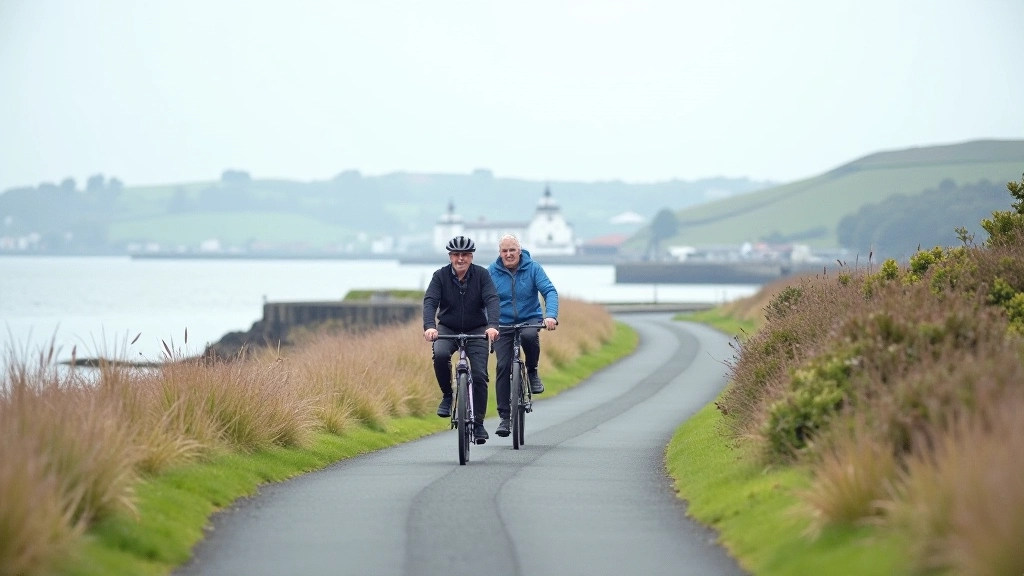 Cyclists on coastal slipway cycling path with sea views