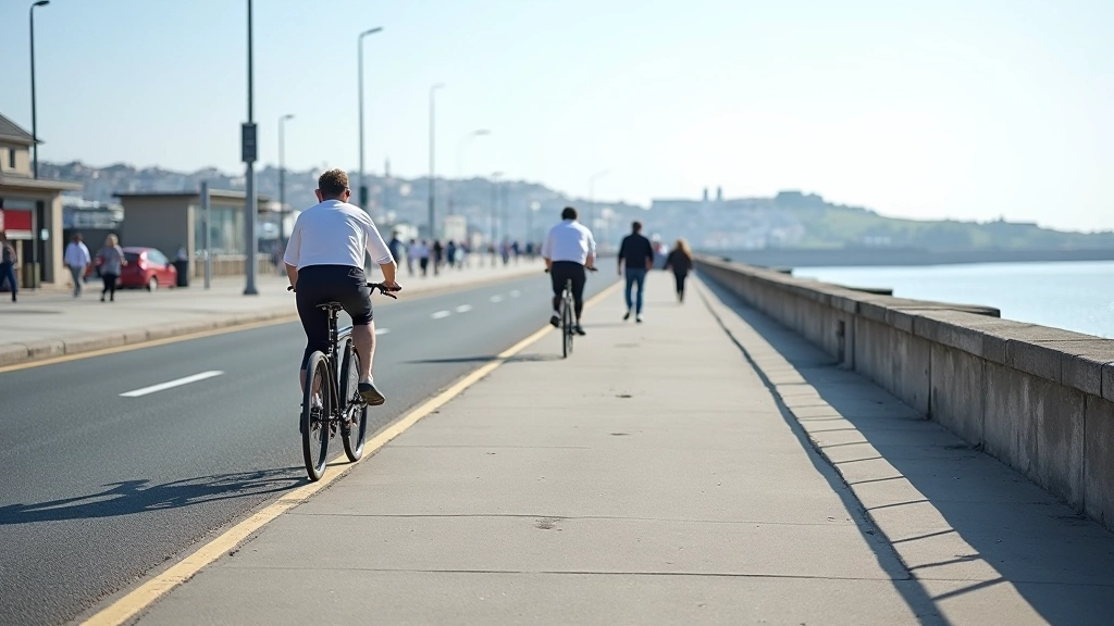 Aerial view of shared path showing cyclists, pedestrians, and joggers with clear sight lines and safe positioning zones