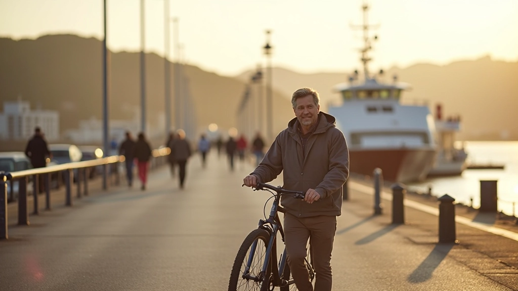 Cyclist boarding a ferry with bicycle, Spike Island visible in background, calm waters, golden hour light