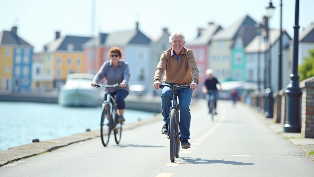 Cyclists riding along the peaceful Cobh waterfront with colourful houses and boats visible across the harbour