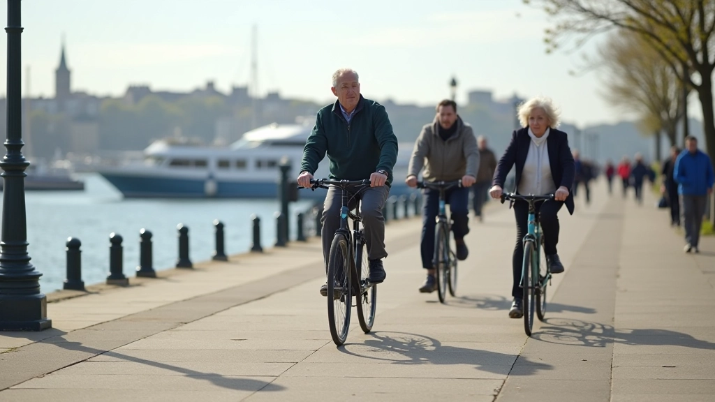 Scenic waterfront path with cyclists riding along a calm harbour, green water, boats moored in background