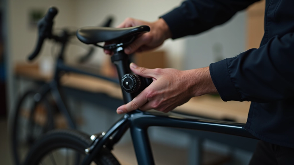 Close-up of bike saddle adjustment, retirement-age hands adjusting seat height for comfort