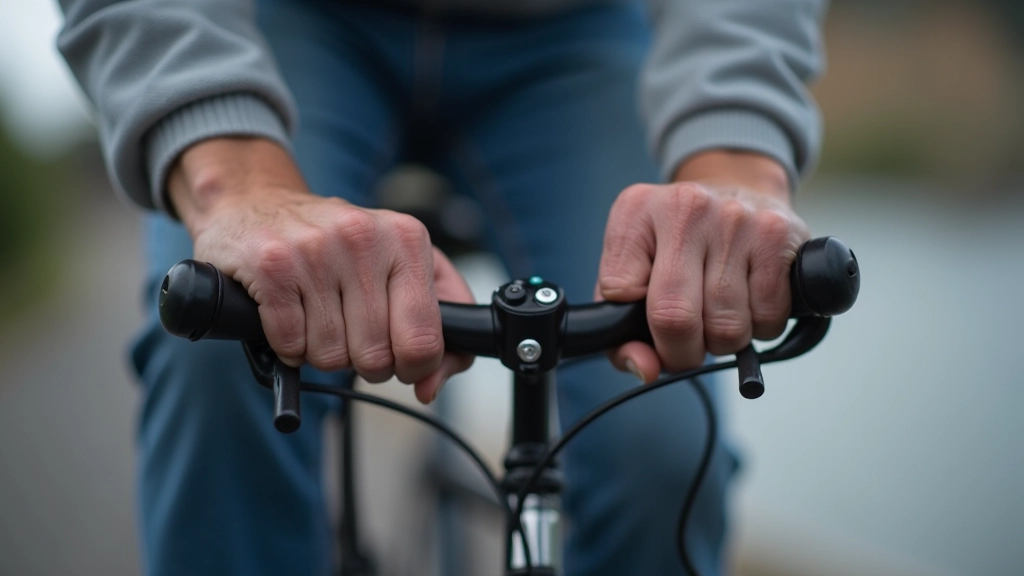 Hands gripping bicycle handlebars showing proper wrist position and reach distance