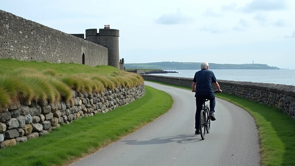 Historic fortress stone walls with green grassy areas, coastal landscape behind, clear blue sky