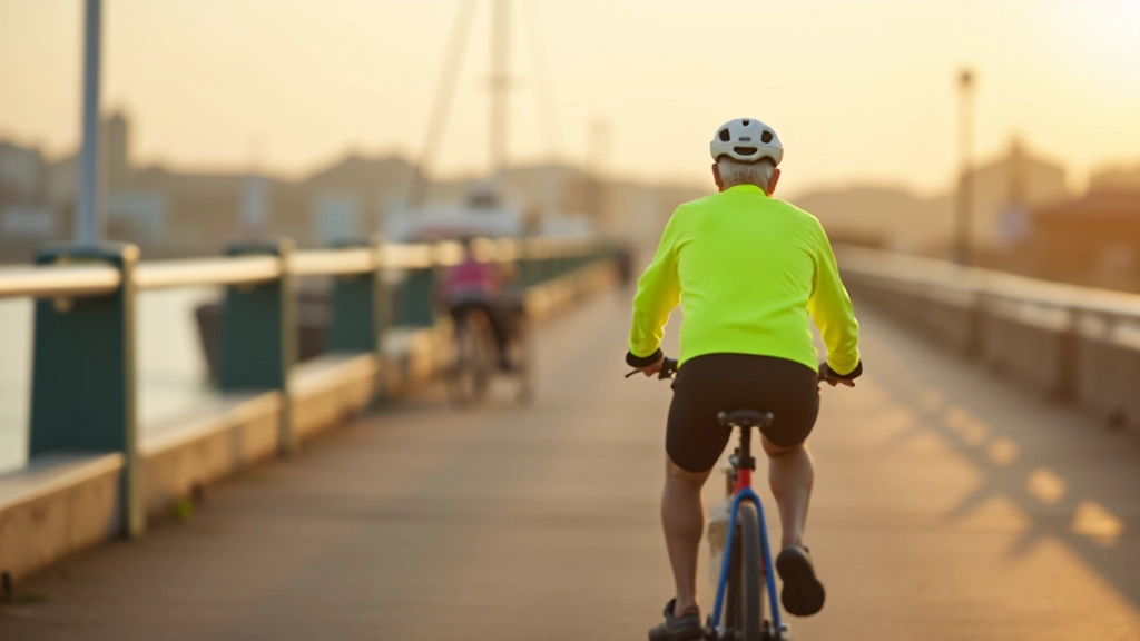 Older cyclist in bright yellow visibility vest and white helmet riding on coastal path at sunset with front and rear lights visible