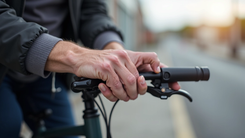 Close-up of older cyclist's hands positioned on drop bar brakes, demonstrating proper finger placement and braking posture