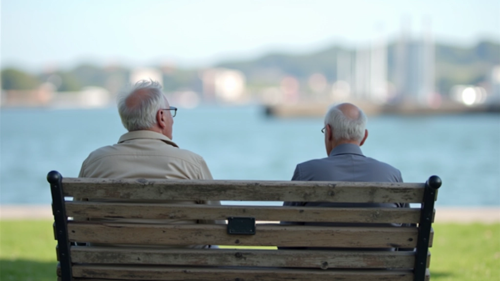 Mature cyclist sitting on a waterfront bench overlooking the harbour, relaxed and smiling, taking a rest break