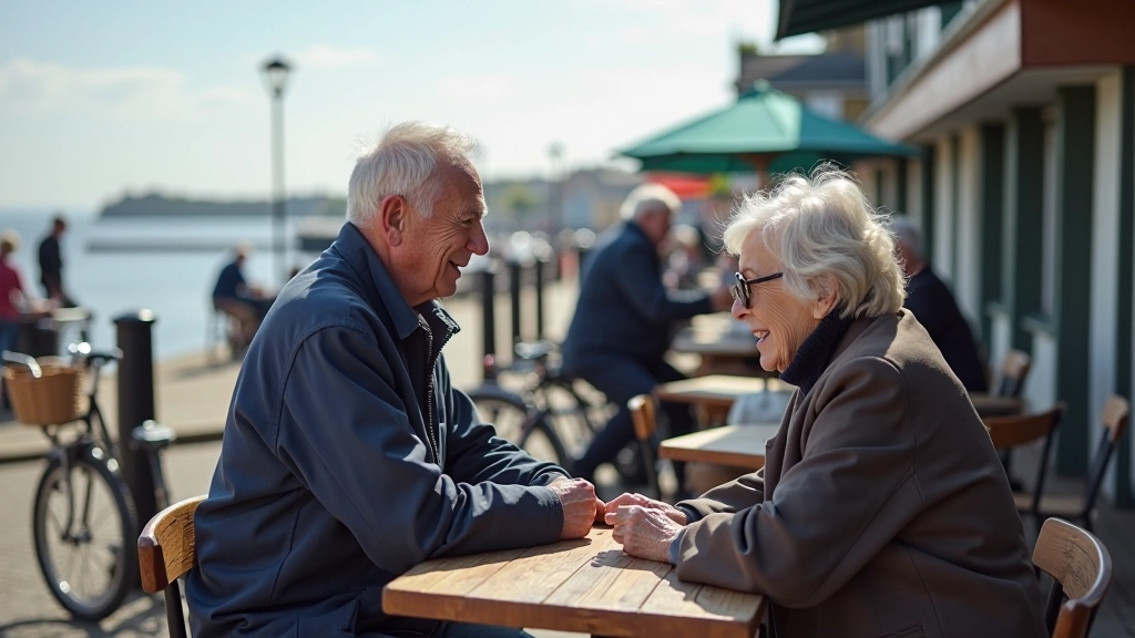 Group of older cyclists enjoying refreshments at a seaside cafe, bikes parked nearby, relaxed atmosphere