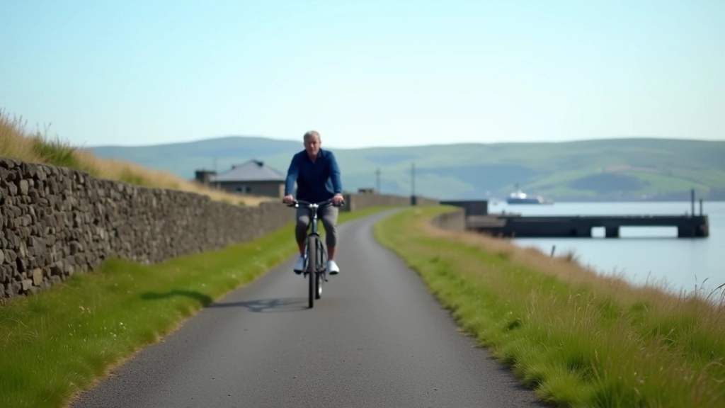 Calm island cycling path with mature cyclist riding, stone walls beside path, grassy areas, blue sky, peaceful atmosphere