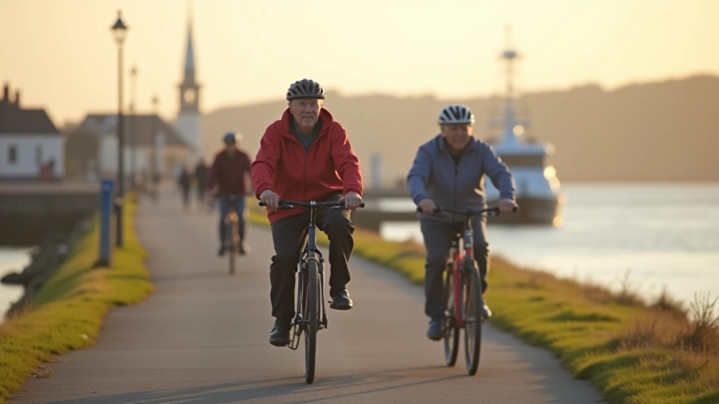Retired cyclists enjoying a peaceful ride along a scenic coastal path in Cork, water views, calm atmosphere, golden hour lighting