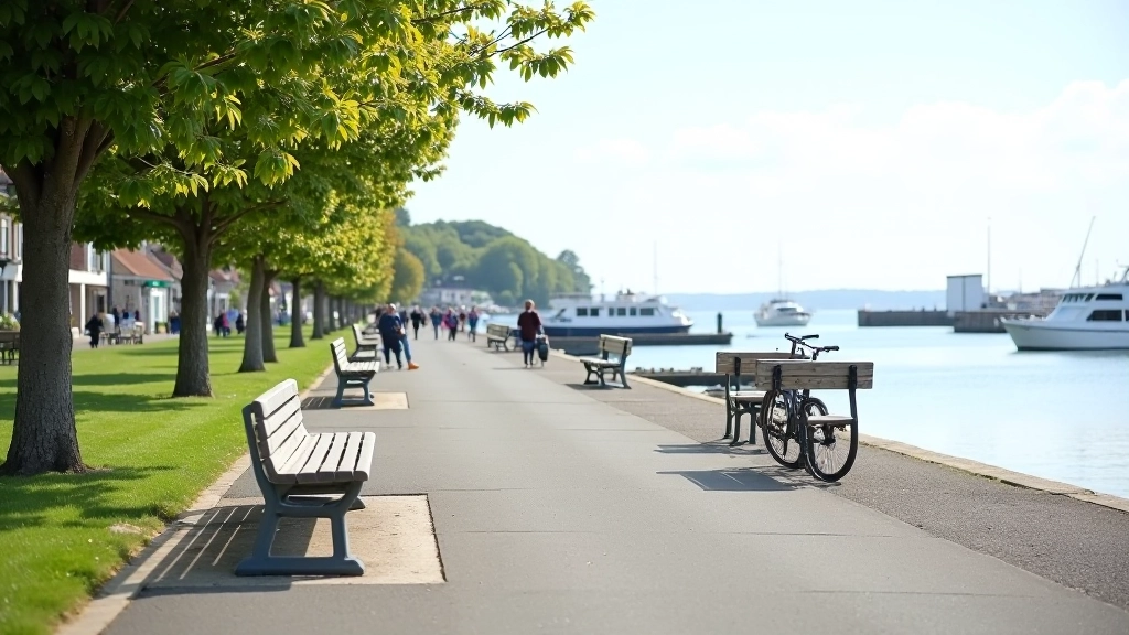 Peaceful Cobh promenade with waterfront path, benches for resting, harbour views, calm waters, retirement-age friendly environment